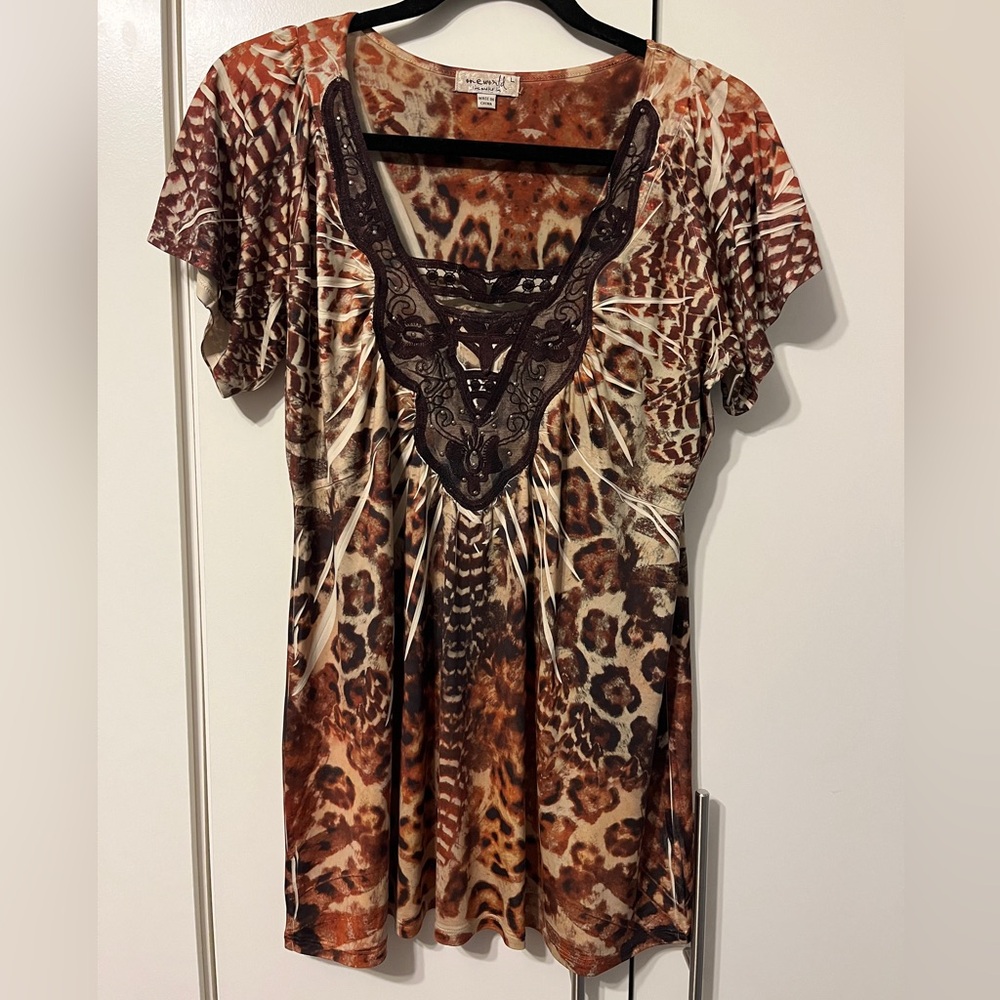 ONE WORLD Brown and Orange Graphic Short Sleeve Blouse